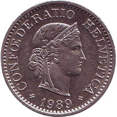 Монета 10 раппенов. 1989 год, Швейцария.