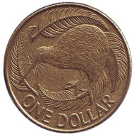 Монета 1 доллар. 1990 год, Новая Зеландия. Киви (птица). Монета 1 доллар. 1990 год, Новая Зеландия. Киви (птица).