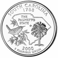 Монета 25 центов (D). 2000 год, США. Южная Каролина. Штат № 8. Монета 25 центов (D). 2000 год, США. Южная Каролина. Штат № 8.