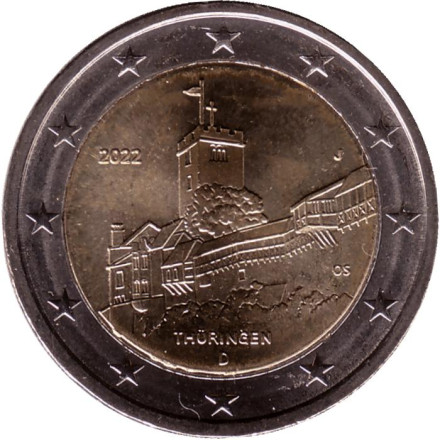 Монета 2 евро. 2022 год, Германия. Замок Вартбург. Тюрингия.