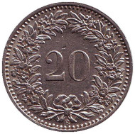 Монета 20 раппенов. 1932 год, Швейцария. Монета 20 раппенов. 1932 год, Швейцария.