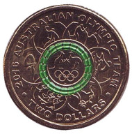 Монета 2 доллара. 2016 год, Австралия. XXXI летние Олимпийские Игры. Рио-де-Жанейро 2016. Зелёное кольцо.