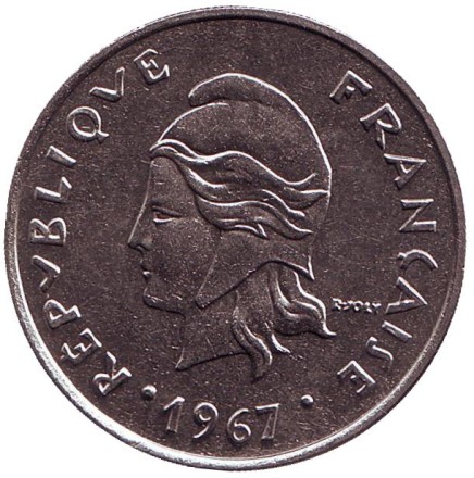 Монета 20 франков. 1967 год, Новые Гебриды. Маска.