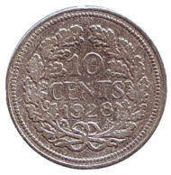 Монета 10 центов. 1928 год, Нидерланды. Монета 10 центов. 1928 год, Нидерланды.