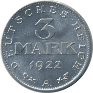 Монета 3 марки. 1922 год (A), Веймарская республика. 3-я годовщина Веймарской конституции. Монета 3 марки. 1922 год (A), Веймарская республика. 3-я годовщина Веймарской конституции.