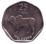 Монета 25 тхебе. 1999 год, Ботсвана. Дикий бык (зебу).