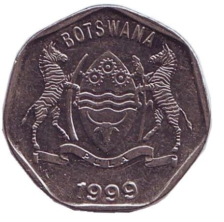 Монета 25 тхебе. 1999 год, Ботсвана. Дикий бык (зебу).