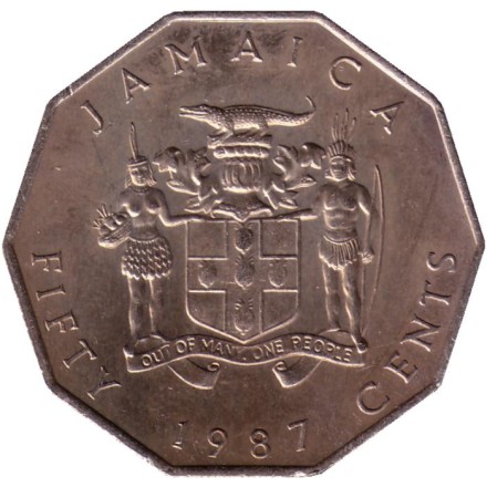 Монета 50 центов. 1987 год, Ямайка. Маркус Гарви - национальный герой.