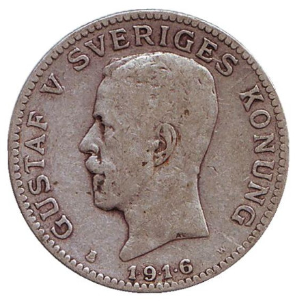 Монета 1 крона. 1916 год, Швеция. Густав V.