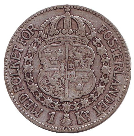 Монета 1 крона. 1916 год, Швеция. Густав V. Монета 1 крона. 1916 год, Швеция. Густав V.