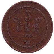 Монета 5 эре. 1899 год, Швеция. Монета 5 эре. 1899 год, Швеция.