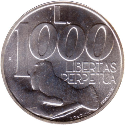 Монета 1000 лир. 1991 год, Сан-Марино. Голубь мира.