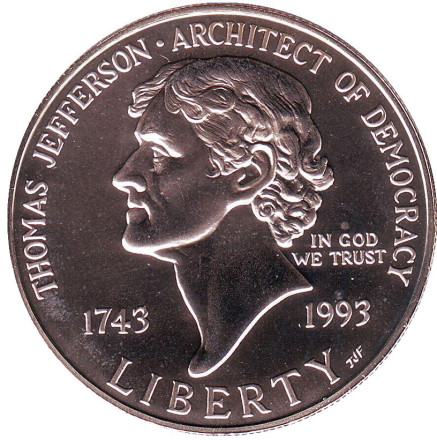 Монета 1 доллар. 1993 год (P), США. 250 лет со дня рождения Томаса Джефферсона.
