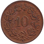 Монета 10 раппенов. 1919 год, Швейцария. (Латунь). Монета 10 раппенов. 1919 год, Швейцария. (Латунь).