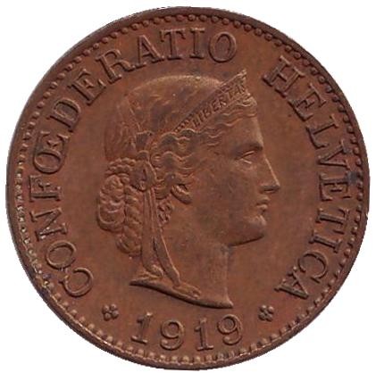 Монета 10 раппенов. 1919 год, Швейцария. (Латунь). Монета 10 раппенов. 1919 год, Швейцария. (Латунь).