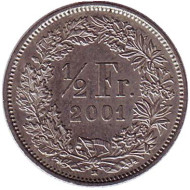 Монета 1/2 франка. 2001 год, Швейцария. Монета 1/2 франка. 2001 год, Швейцария.