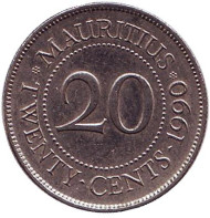 Монета 20 центов. 1990 год, Маврикий. Монета 20 центов. 1990 год, Маврикий.