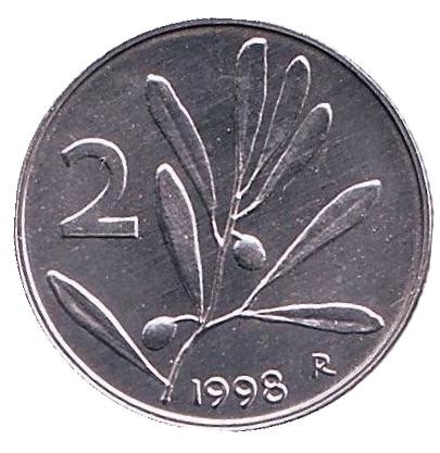 Монета 2 лиры. 1998 год, Италия. Медоносная пчела. BU.