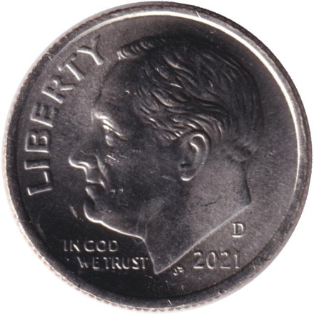 Монета 10 центов. 2021 (D) год, США. Рузвельт.