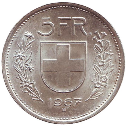 Монета 5 франков. 1967 год, Швейцария. Вильгельм Телль. Монета 5 франков. 1967 год, Швейцария. Вильгельм Телль.