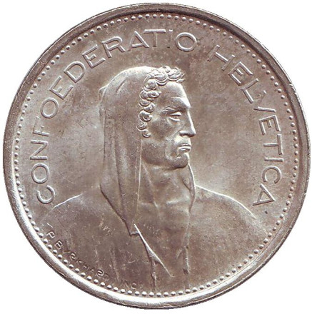 Монета 5 франков. 1967 год, Швейцария. Вильгельм Телль.