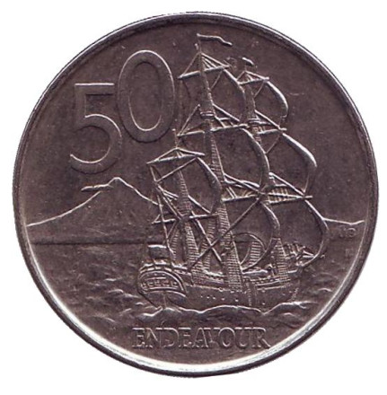 Монета 50 центов. 2006 год, Новая Зеландия. Новый тип. Парусник "Endeavour".