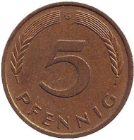 Монета 5 пфеннигов. 1977 год (G), ФРГ. Дубовые листья. Монета 5 пфеннигов. 1977 год (G), ФРГ. Дубовые листья.