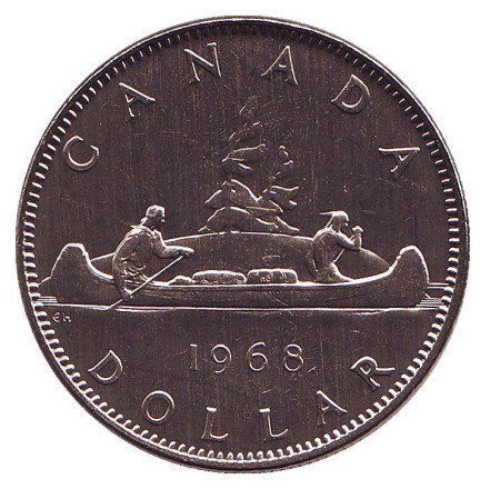 Монета 1 доллар. 1968 год, Канада. UNC. Индейцы в каноэ.