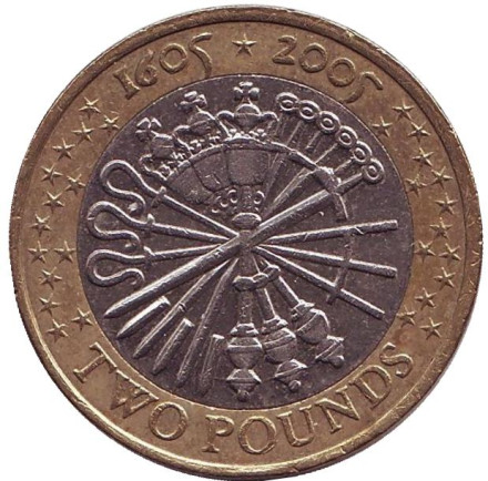 Монета 2 фунта. 2005 год, Великобритания. 400 лет "Пороховому заговору".
