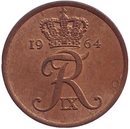 Монета 5 эре. 1964 год, Дания. (Бронза).