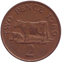 Корова. Монета 2 пенса, 1989 год, Гернси. 
