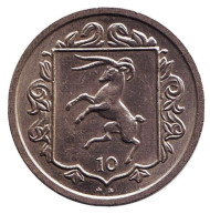 Монета 10 пенсов. 1984 год, Остров Мэн. (Отметка "AB"). Мэнский лохтан. Монета 10 пенсов. 1984 год, Остров Мэн. (Отметка "AB"). Мэнский лохтан.
