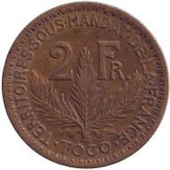 Монета 2 франка. 1924 год, Того. Монета 2 франка. 1924 год, Того.