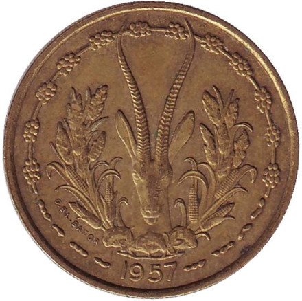 Монета 25 франков. 1957 год, Того (Французская Западная Африка). Газель.
