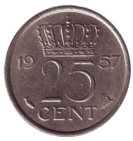 Монета 25 центов. 1957 год, Нидерланды.
