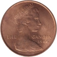 Монета 1 пенни. 1966 год, Гамбия. Монета 1 пенни. 1966 год, Гамбия.