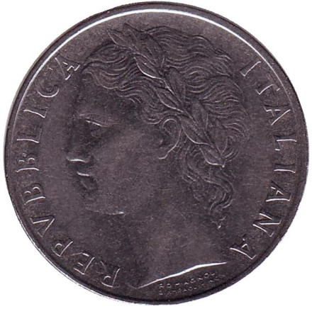 Монета 100 лир. 1970 год, Италия. Богиня мудрости Минерва рядом с оливковым деревом. Монета 100 лир. 1970 год, Италия. Богиня мудрости Минерва рядом с оливковым деревом.