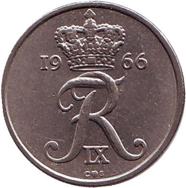 Монета 10 эре. 1966 год, Дания.