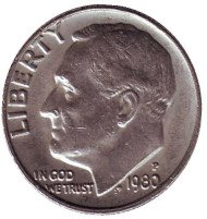 Монета 10 центов. 1980 (P) год, США. Рузвельт. Монета 10 центов. 1980 (P) год, США. Рузвельт.