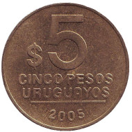 Монета 5 песо. 2005 год, Уругвай. Монета 5 песо. 2005 год, Уругвай.