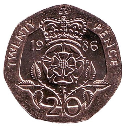 Монета 20 пенсов. 1986 год, Великобритания. BU.