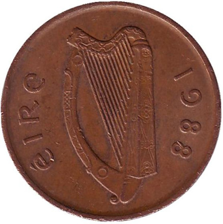 Монета 2 пенса. 1988 год, Ирландия. Птица. Ирландская арфа. (Немагнитная).