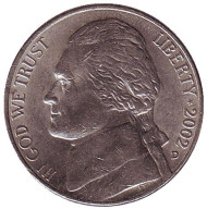 Монета 5 центов. 2002 год (D), США. Джефферсон. Монтичелло. Монета 5 центов. 2002 год (D), США. Джефферсон. Монтичелло.