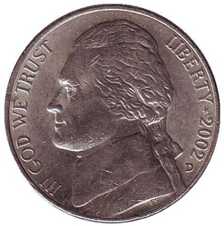 Монета 5 центов. 2002 год (D), США. Джефферсон. Монтичелло.