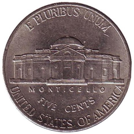 Монета 5 центов. 2002 год (D), США. Джефферсон. Монтичелло.