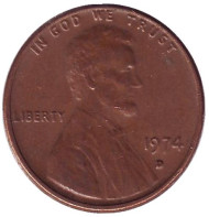 Монета 1 цент. 1974 год (D), США. Линкольн. Монета 1 цент. 1974 год (D), США. Линкольн.