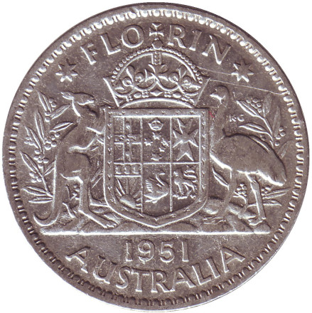 Монета 2 шиллинга (флорин). 1951 год, Австралия.