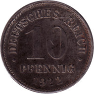 Монета 10 пфеннигов. 1922 год (Е), Германская империя. (Железо). Монета 10 пфеннигов. 1922 год (Е), Германская империя. (Железо).