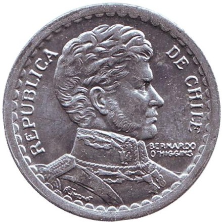Монета 1 песо. 1955 год, Чили. aUNC. Бернардо О’Хиггинс. Монета 1 песо. 1955 год, Чили. aUNC. Бернардо О’Хиггинс.
