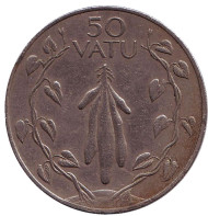 Монета 50 вату. 1990 год, Вануату. Батат (сладкий картофель) в венке из двух лоз. Монета 50 вату. 1990 год, Вануату. Батат (сладкий картофель) в венке из двух лоз.